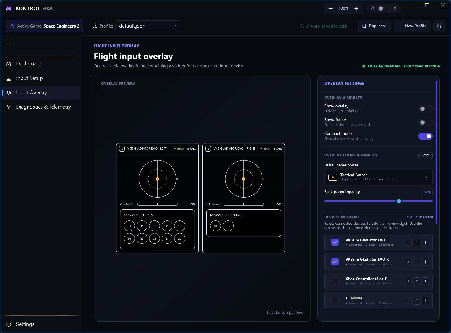 Kontrol input overlay showing selected device widgets and overlay settings