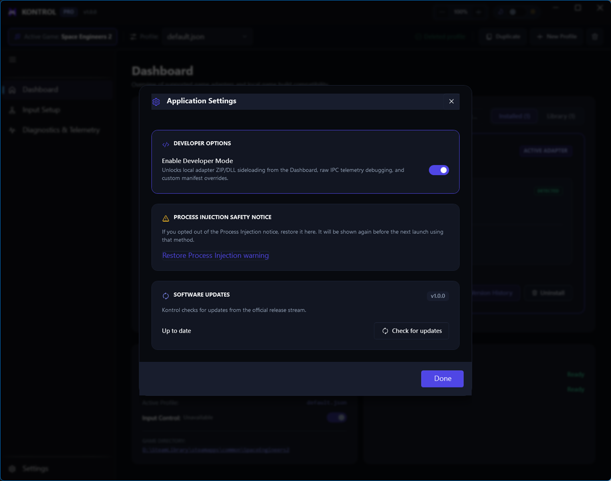 Kontrol application settings