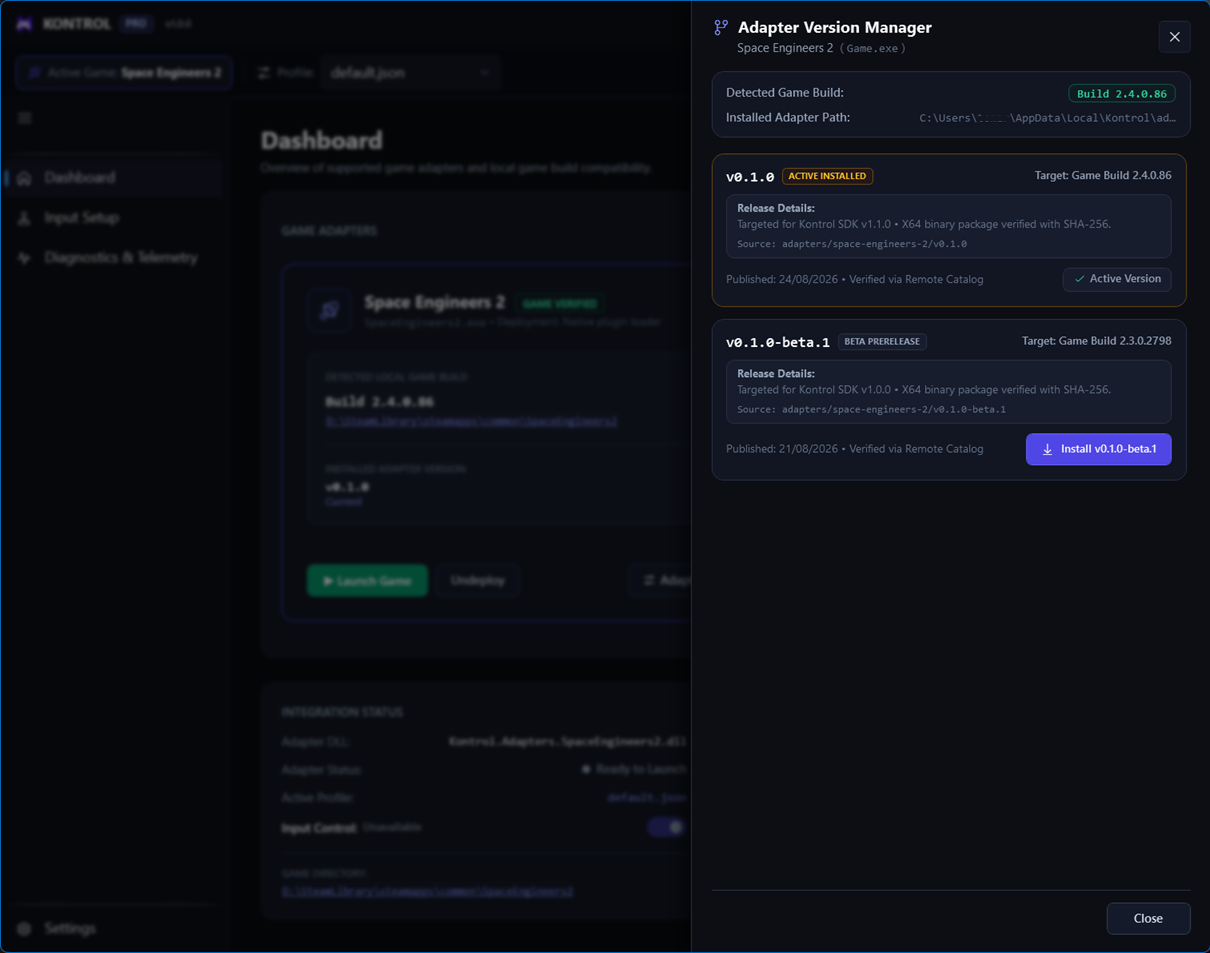 Kontrol game and adapter version status